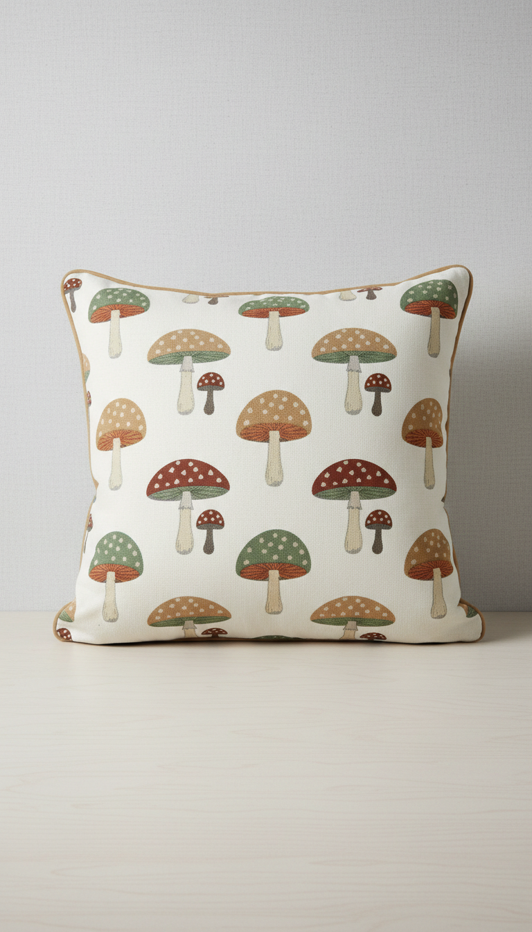 Mushroom Motif Throw Pillow in Linen
